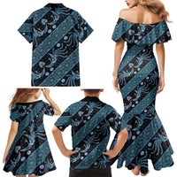 Indonesia Batik Pattern Family Matching Mermaid Dress and Hawaiian Shirt Blue Version