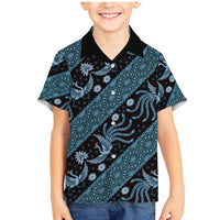 Indonesia Batik Pattern Family Matching Mermaid Dress and Hawaiian Shirt Blue Version