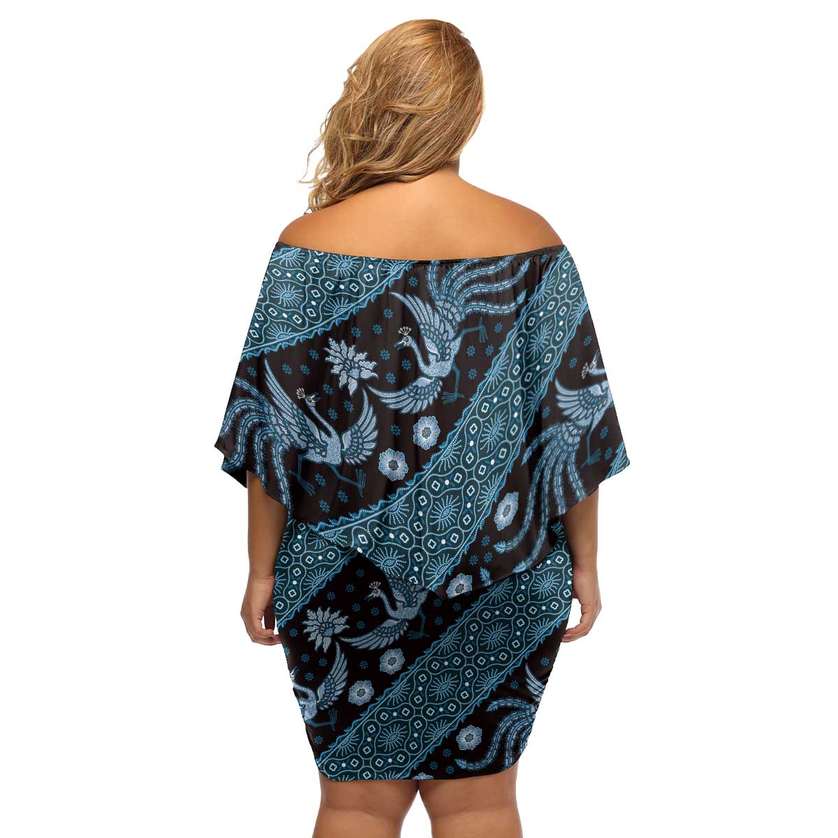Indonesia Batik Pattern Family Matching Off Shoulder Short Dress and Hawaiian Shirt Blue Version