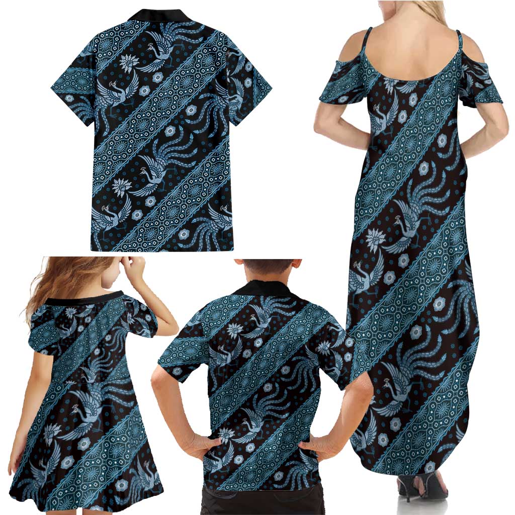 Indonesia Batik Pattern Family Matching Summer Maxi Dress and Hawaiian Shirt Blue Version