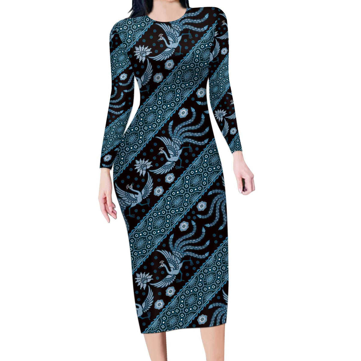 bodycon dress indonesia Indonesia Batik Pattern Long Sleeve Bodycon Dress Blue Version LT01