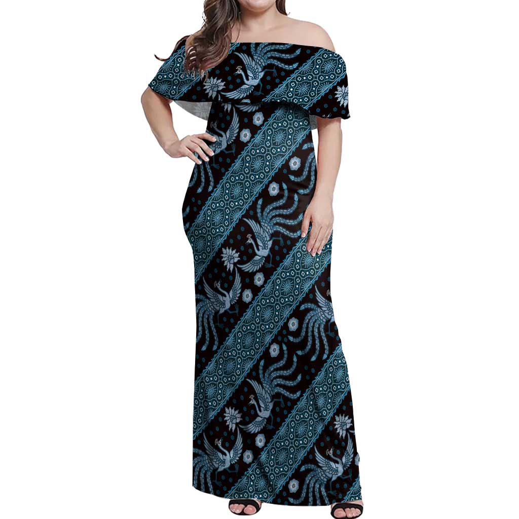 Indonesia Batik Pattern Off Shoulder Maxi Dress Blue Version