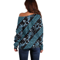 Indonesia Batik Pattern Off Shoulder Sweater Blue Version