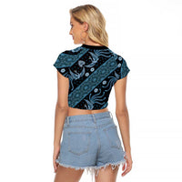 Indonesia Batik Pattern Raglan Cropped T Shirt Blue Version