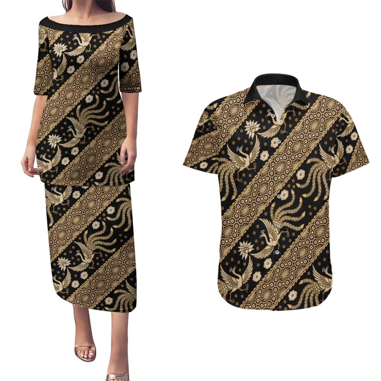 Indonesia Batik Pattern Couples Matching Puletasi and Hawaiian Shirt Gold Version
