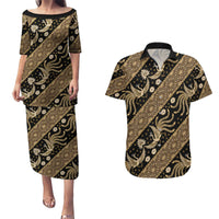 Indonesia Batik Pattern Couples Matching Puletasi and Hawaiian Shirt Gold Version