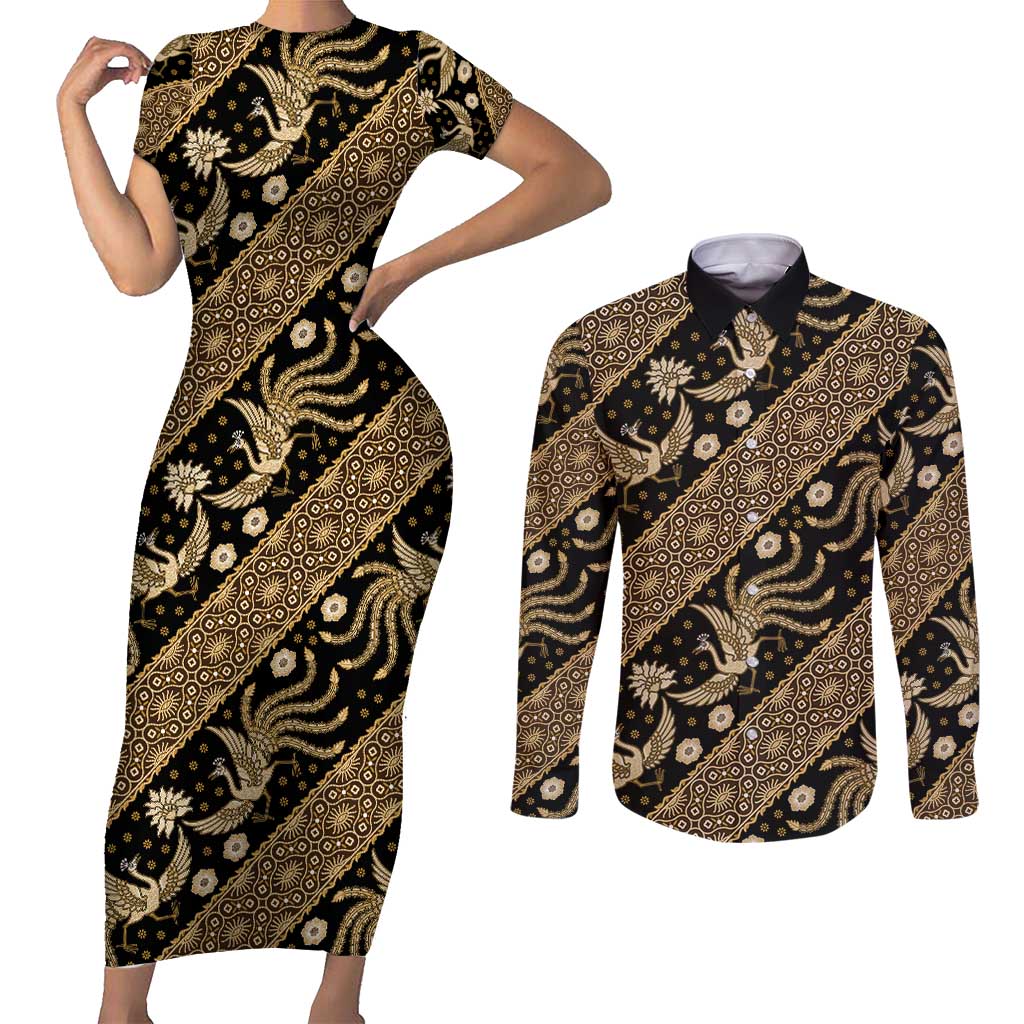 Indonesia Batik Pattern Couples Matching Short Sleeve Bodycon Dress and Long Sleeve Button Shirt Gold Version