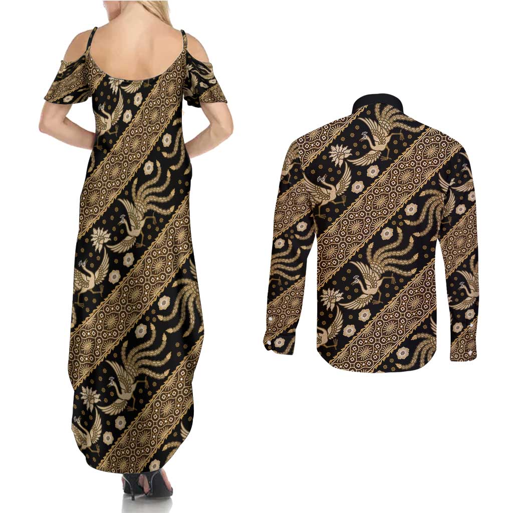 Indonesia Batik Pattern Couples Matching Summer Maxi Dress and Long Sleeve Button Shirt Gold Version