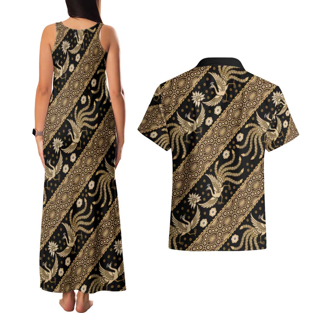 Indonesia Batik Pattern Couples Matching Tank Maxi Dress and Hawaiian Shirt Gold Version