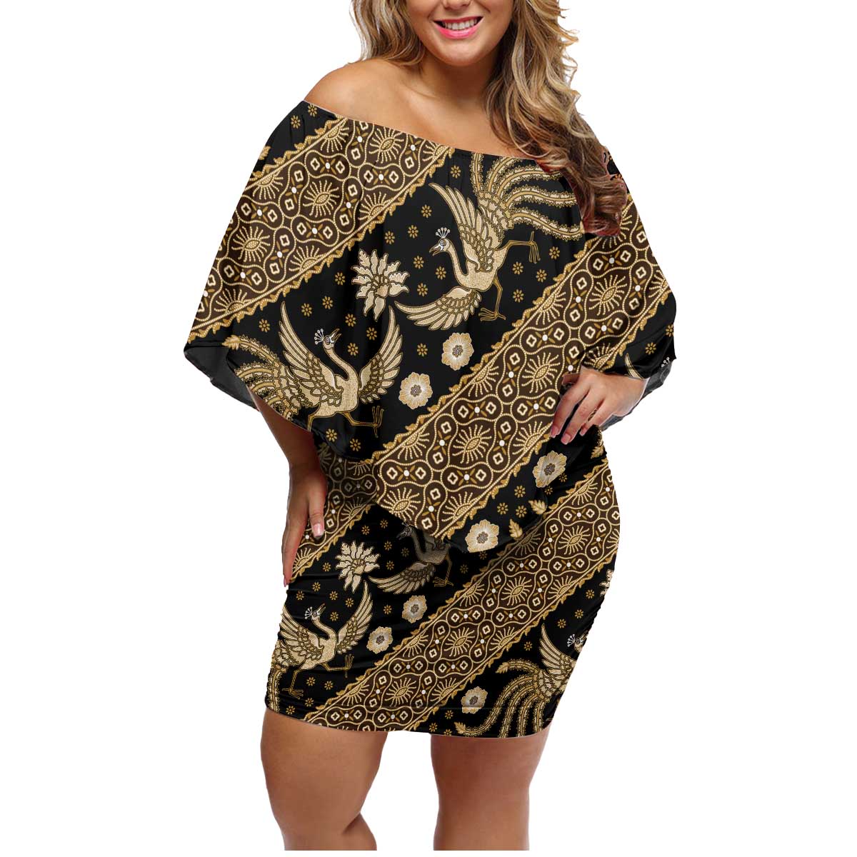 Indonesia Batik Pattern Family Matching Off Shoulder Short Dress and Hawaiian Shirt Gold Version