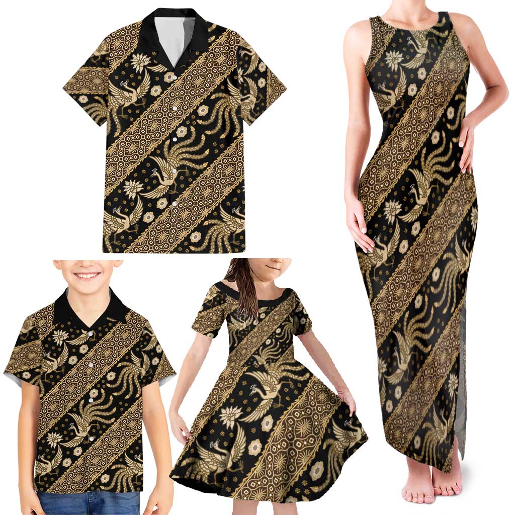 Indonesia Batik Pattern Family Matching Tank Maxi Dress and Hawaiian Shirt Gold Version