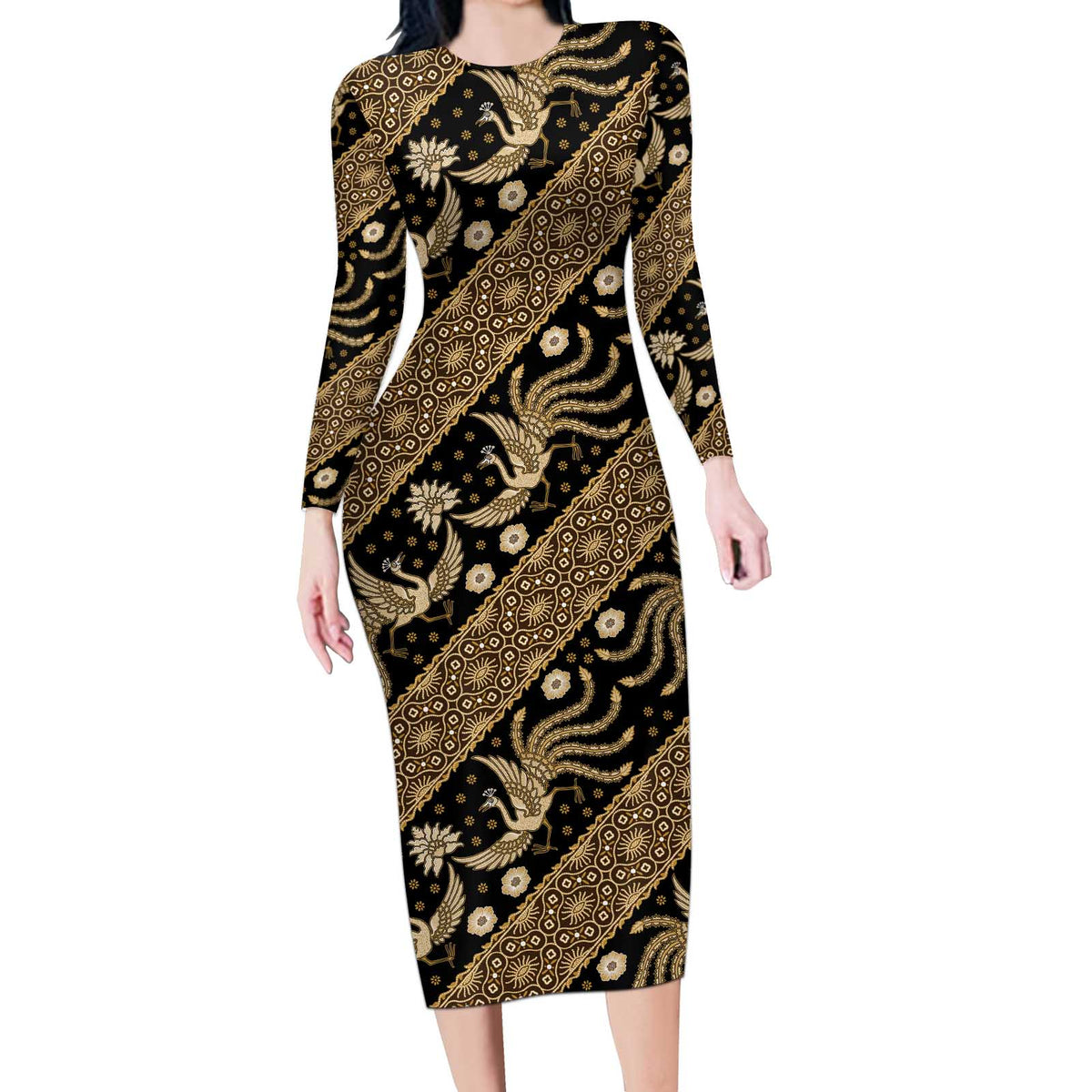 Indonesia Batik Pattern Long Sleeve Bodycon Dress Gold Version LT01 - Polynesian Pride Indonesia Batik Pattern Long Sleeve Bodycon Dress Gold Version LT01 - Polynesian Pride