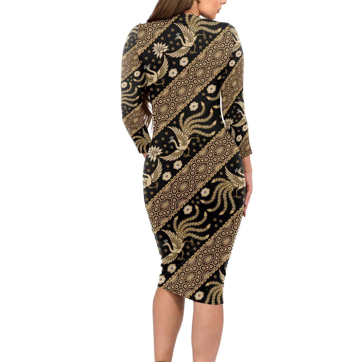 Indonesia Batik Pattern Long Sleeve Bodycon Dress Gold Version LT01 - Polynesian Pride Indonesia Batik Pattern Long Sleeve Bodycon Dress Gold Version LT01 - Polynesian Pride