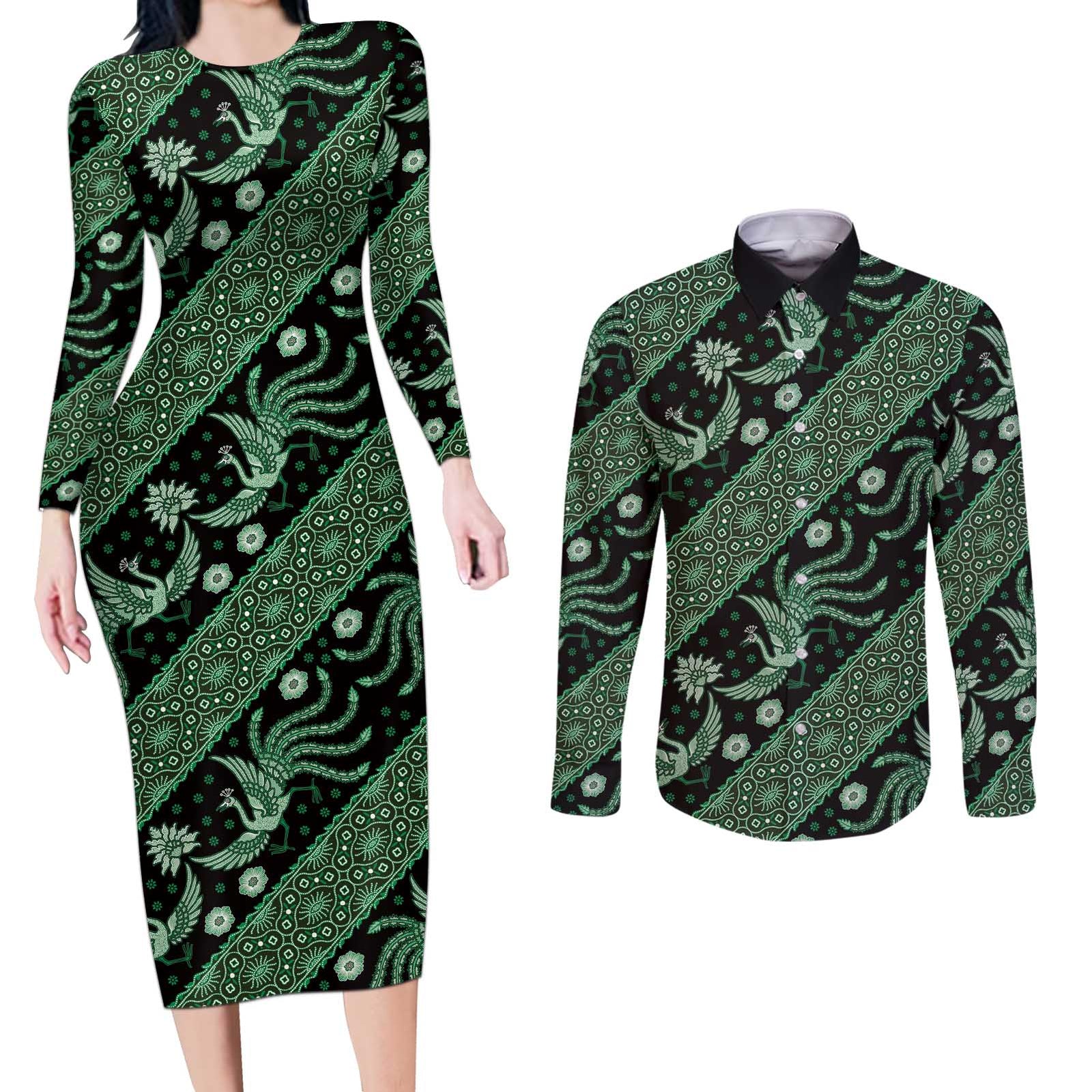 Indonesia Batik Pattern Couples Matching Long Sleeve Bodycon Dress and Long Sleeve Button Shirt Green Version