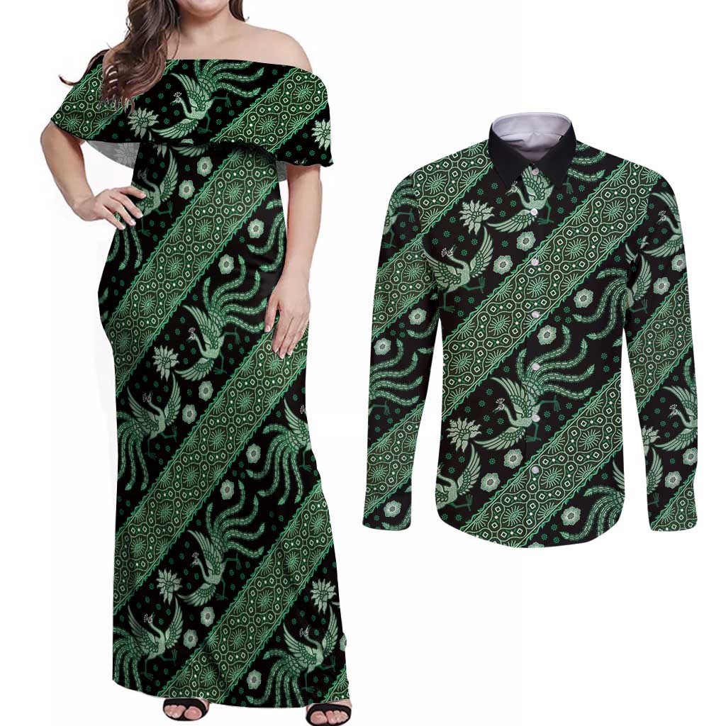 Indonesia Batik Pattern Couples Matching Off Shoulder Maxi Dress and Long Sleeve Button Shirt Green Version