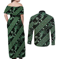 Indonesia Batik Pattern Couples Matching Off Shoulder Maxi Dress and Long Sleeve Button Shirt Green Version