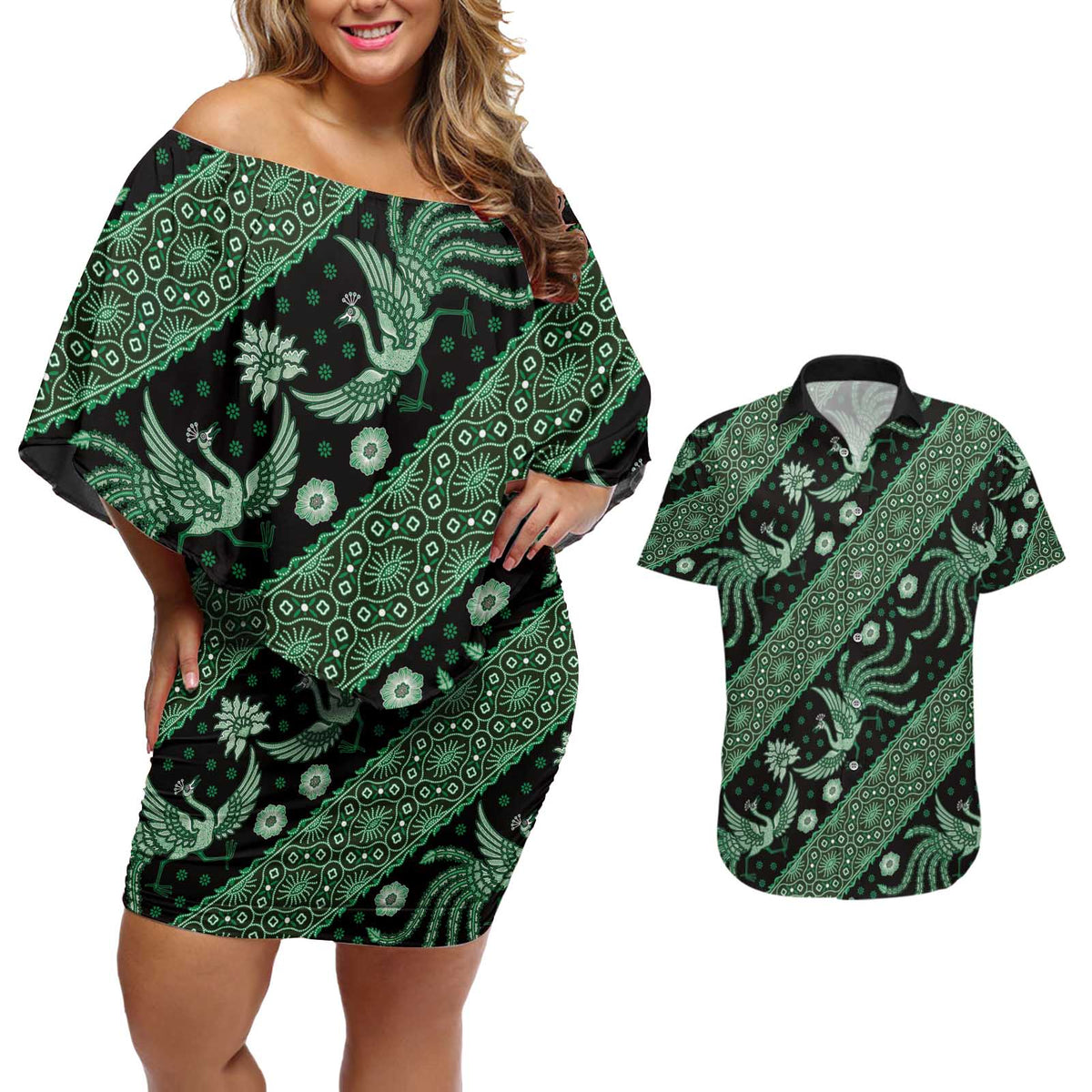 Indonesia Batik Pattern Couples Matching Off Shoulder Short Dress and Hawaiian Shirt Green Version