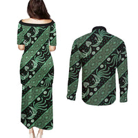 Indonesia Batik Pattern Couples Matching Puletasi and Long Sleeve Button Shirt Green Version
