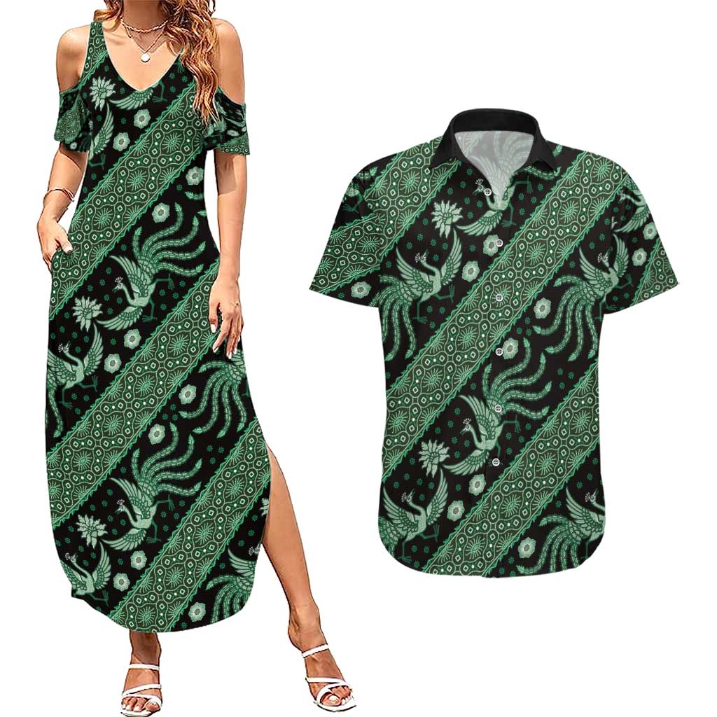 Indonesia Batik Pattern Couples Matching Summer Maxi Dress and Hawaiian Shirt Green Version