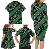 Indonesia Batik Pattern Family Matching Long Sleeve Bodycon Dress and Hawaiian Shirt Green Version