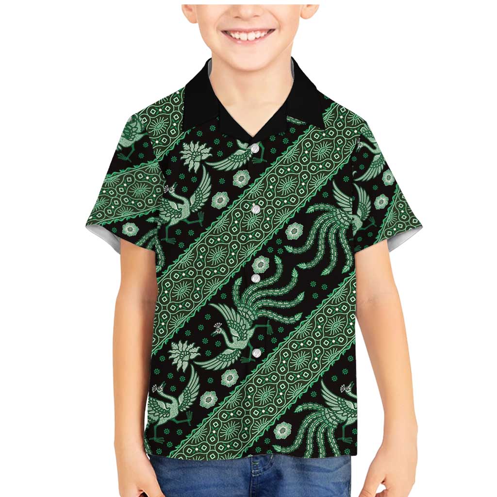 Indonesia Batik Pattern Family Matching Mermaid Dress and Hawaiian Shirt Green Version