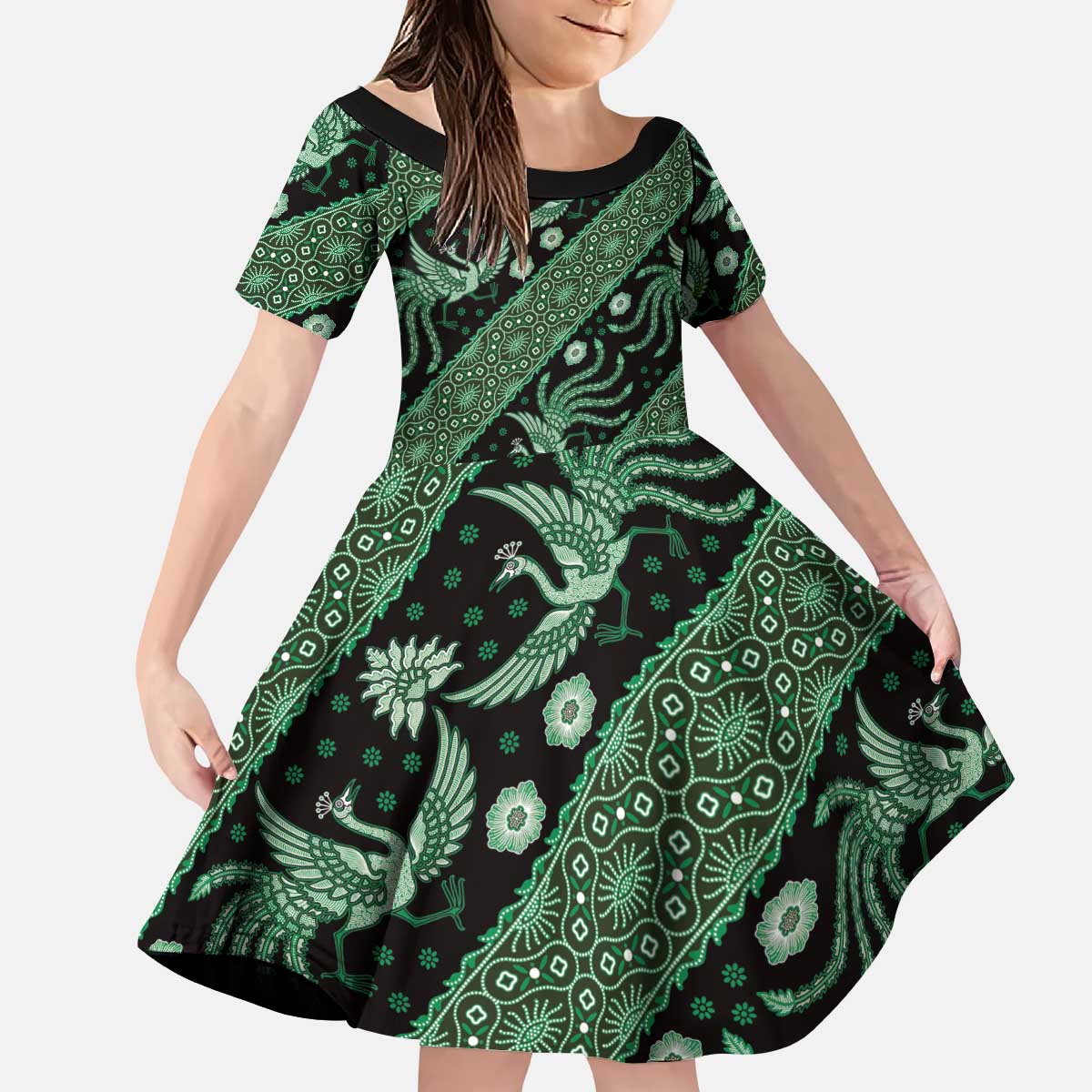 Indonesia Batik Pattern Kid Short Sleeve Dress Green Version