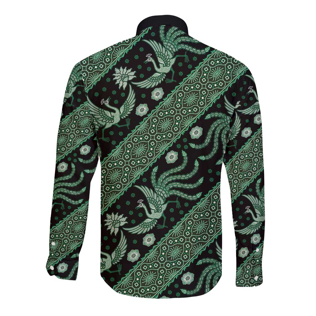 Indonesia Batik Pattern Long Sleeve Button Shirt Green Version