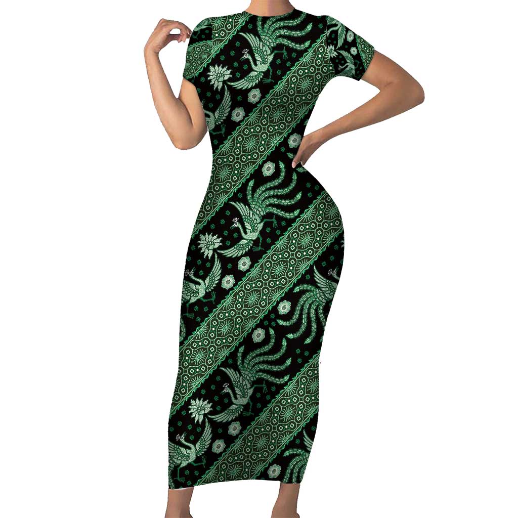 Indonesia Batik Pattern Short Sleeve Bodycon Dress Green Version LT01 - Polynesian Pride Indonesia Batik Pattern Short Sleeve Bodycon Dress Green Version LT01 - Polynesian Pride