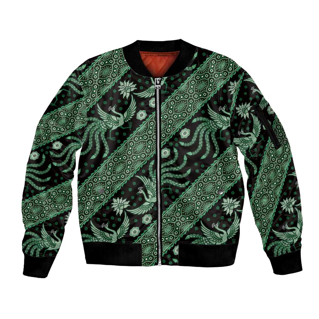 Indonesia Batik Pattern Sleeve Zip Bomber Jacket Green Version