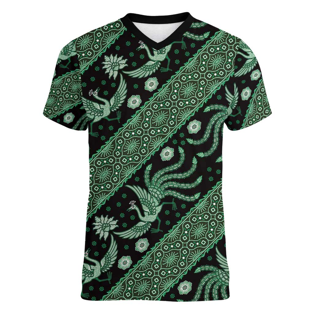 Indonesia Batik Pattern Women V-Neck T-Shirt Green Version