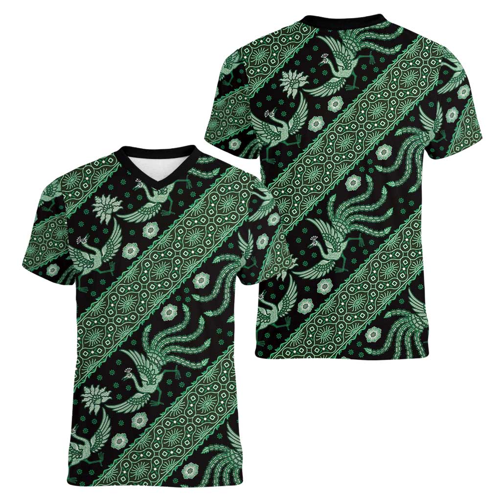 Indonesia Batik Pattern Women V-Neck T-Shirt Green Version