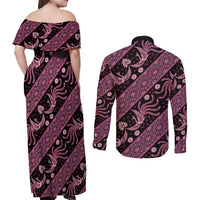 Indonesia Batik Pattern Couples Matching Off Shoulder Maxi Dress and Long Sleeve Button Shirt Pink Version