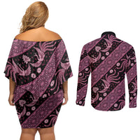 Indonesia Batik Pattern Couples Matching Off Shoulder Short Dress and Long Sleeve Button Shirt Pink Version