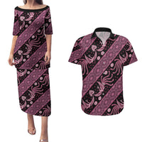 Indonesia Batik Pattern Couples Matching Puletasi and Hawaiian Shirt Pink Version
