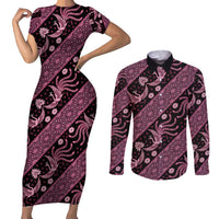 Indonesia Batik Pattern Couples Matching Short Sleeve Bodycon Dress and Long Sleeve Button Shirt Pink Version