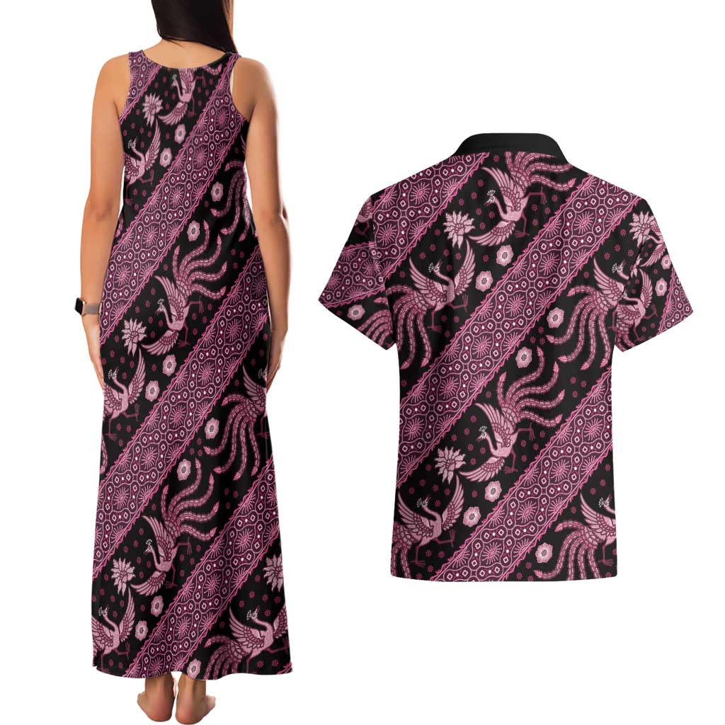 Indonesia Batik Pattern Couples Matching Tank Maxi Dress and Hawaiian Shirt Pink Version