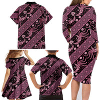 Indonesia Batik Pattern Family Matching Long Sleeve Bodycon Dress and Hawaiian Shirt Pink Version