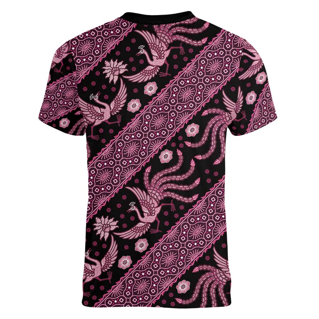 Indonesia Batik Pattern Women V-Neck T-Shirt Pink Version