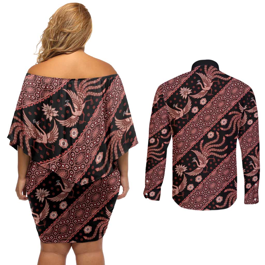 Indonesia Batik Pattern Couples Matching Off Shoulder Short Dress and Long Sleeve Button Shirt Red Version
