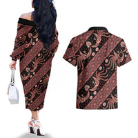 Indonesia Batik Pattern Couples Matching Off The Shoulder Long Sleeve Dress and Hawaiian Shirt Red Version
