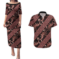 Indonesia Batik Pattern Couples Matching Puletasi and Hawaiian Shirt Red Version
