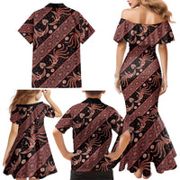 Indonesia Batik Pattern Family Matching Mermaid Dress and Hawaiian Shirt Red Version