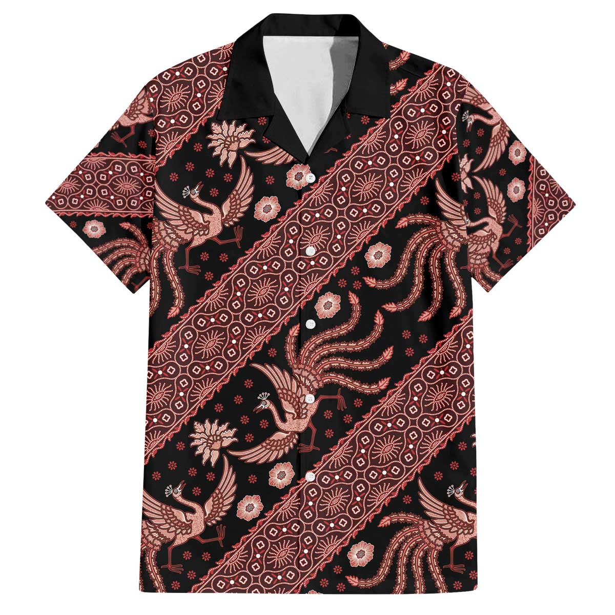 Indonesia Batik Pattern Family Matching Off The Shoulder Long Sleeve Dress and Hawaiian Shirt Red Version