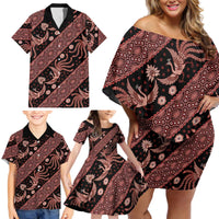 Indonesia Batik Pattern Family Matching Off Shoulder Short Dress and Hawaiian Shirt Red Version