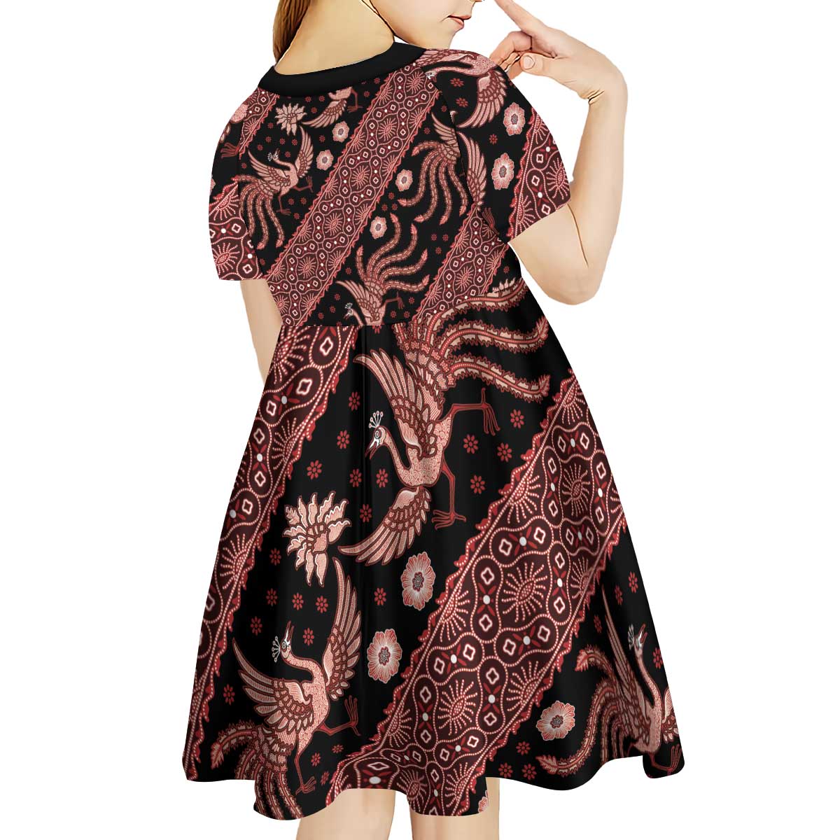 Indonesia Batik Pattern Kid Short Sleeve Dress Red Version
