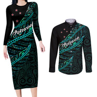 personalised-aotearoa-couples-matching-long-sleeve-bodycon-dress-and-long-sleeve-button-shirts-silver-fern-mix-paua-shell-polynesian-pattern