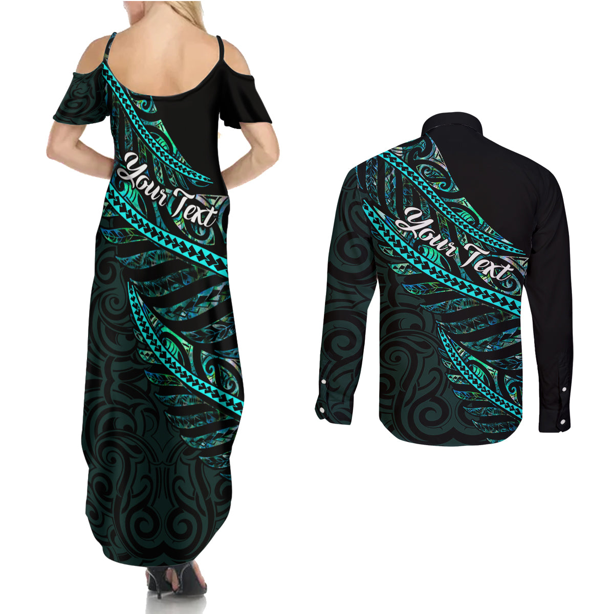 personalised-aotearoa-couples-matching-summer-maxi-dress-and-long-sleeve-button-shirts-silver-fern-mix-paua-shell-polynesian-pattern