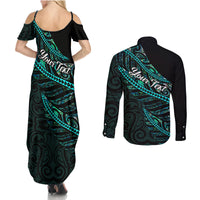 personalised-aotearoa-couples-matching-summer-maxi-dress-and-long-sleeve-button-shirts-silver-fern-mix-paua-shell-polynesian-pattern
