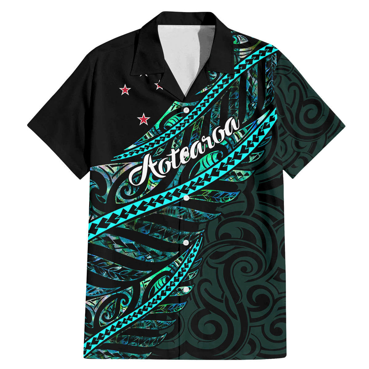 personalised-aotearoa-family-matching-mermaid-dress-and-hawaiian-shirt-silver-fern-mix-paua-shell-polynesian-pattern