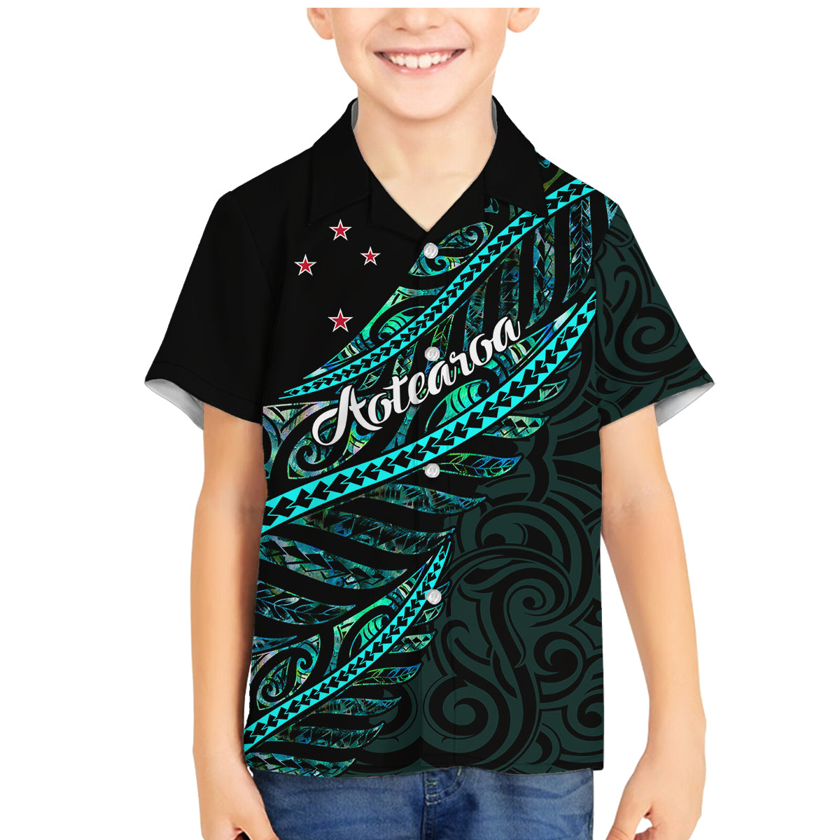 personalised-aotearoa-family-matching-mermaid-dress-and-hawaiian-shirt-silver-fern-mix-paua-shell-polynesian-pattern